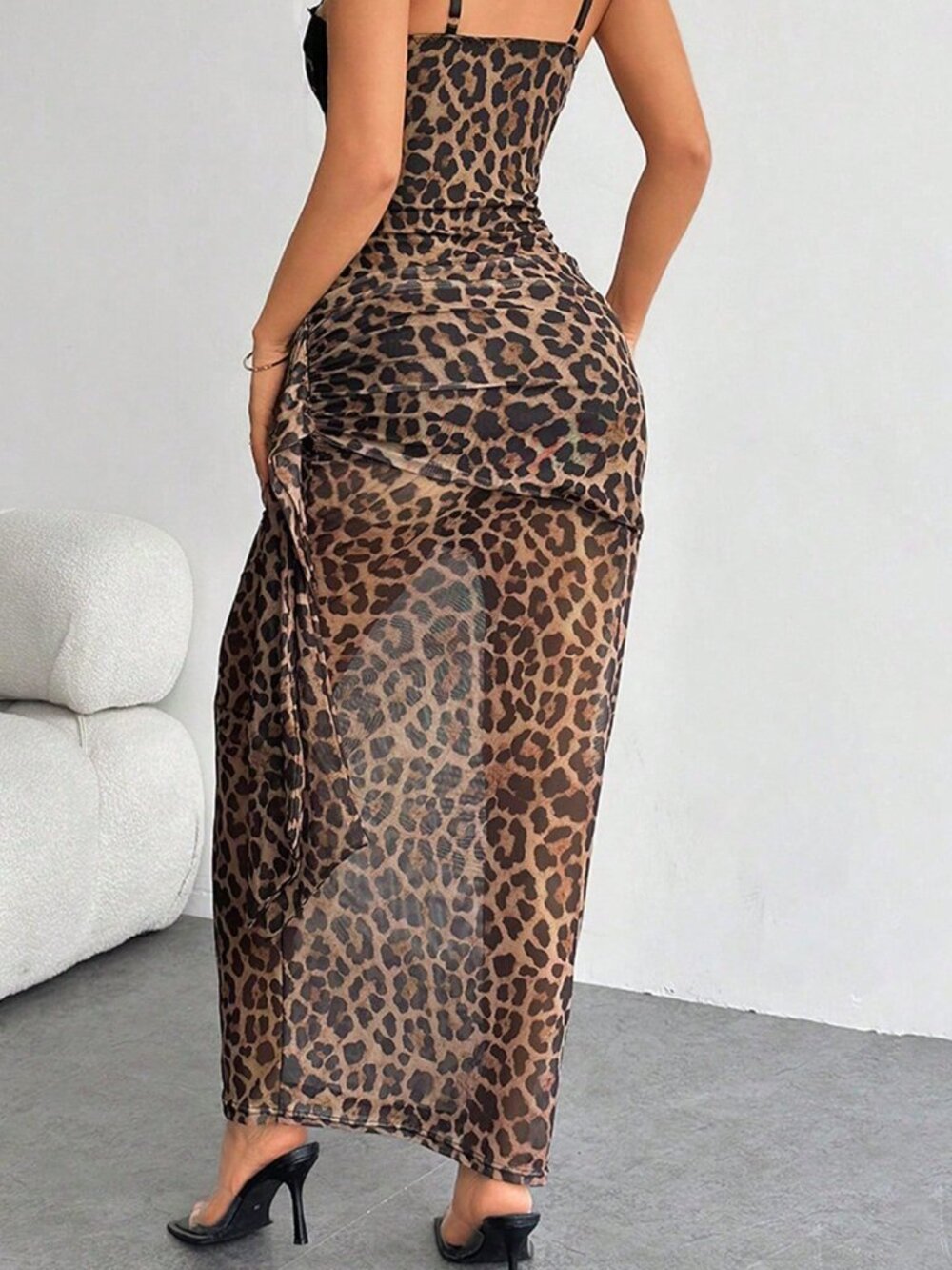 Brown Sexy Women's Leopard Print Camisole Dress with Lace Mesh, Slit Skirt - Picture 2 of 8